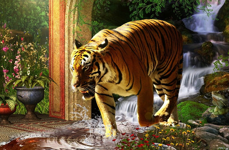 Tiger, water, 3D, garden, creek, HD wallpaper