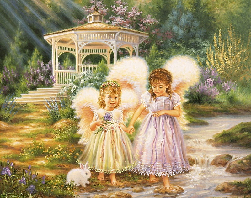 angel sisters, flowers, bunny, wings, gazebo, HD wallpaper