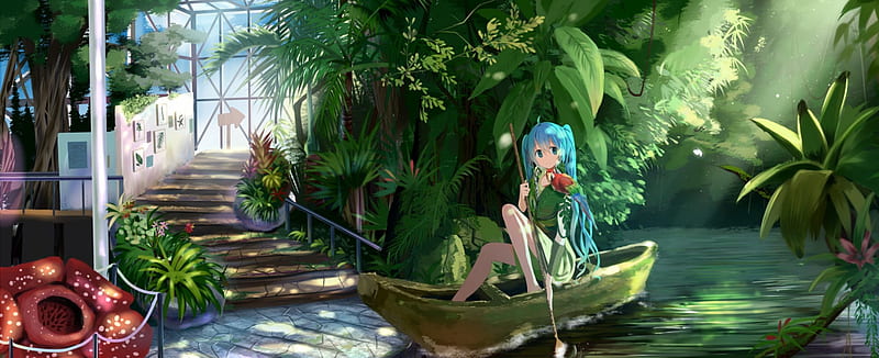 Hatsune Miku, plant, floral, staircase, stair, boat, anime, hot, river, anime girl, vocaloids, long hair, vocaloid, female, miku, twintails, sexy, cute, hatsune, water, girl, flower, HD wallpaper