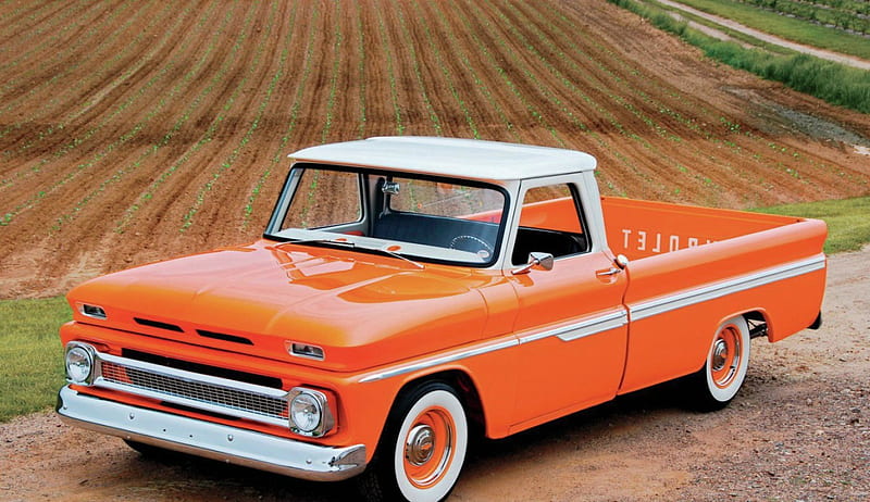 1966-Chevy-C10, Classic, GM, Bowtie, Orange, HD wallpaper