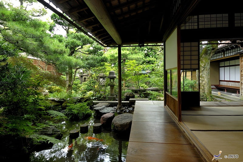 Japanese Garden, house, zen, japanese, lake, tatami, japan, green, oriental, garden, room, HD wallpaper
