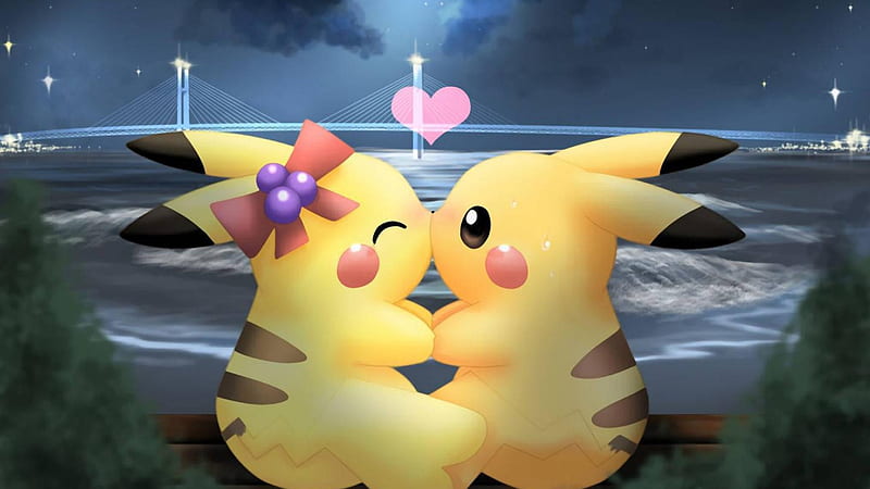 Kiss, yellow, pokemon, valentine, pikachu, cute, fantasy, heart, pink, couple, blue, HD wallpaper