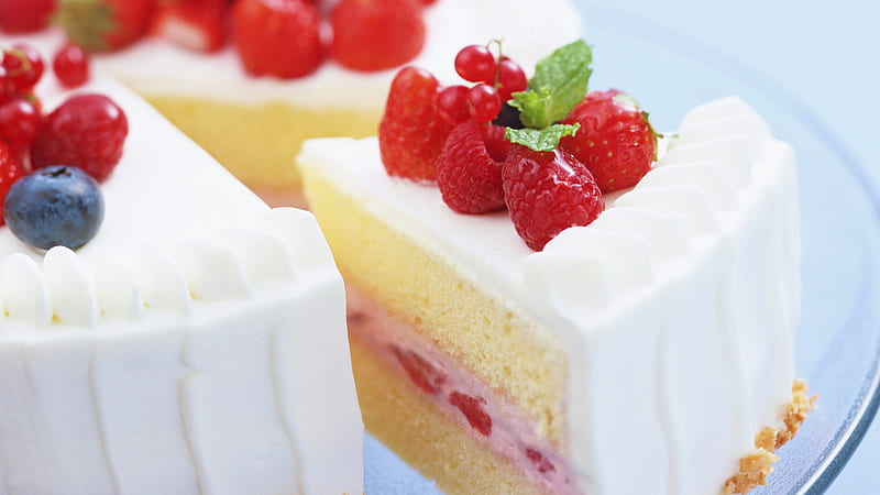 Happy Birtay ,my dear Helen !, cake, respberry, strawberry, blueberry, slices, white, pink, cream, HD wallpaper