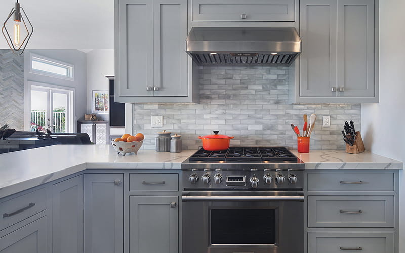 gray classic kitchen furniture, classic kitchen interior, modern interior design, kitchen, stylish gray interior, HD wallpaper