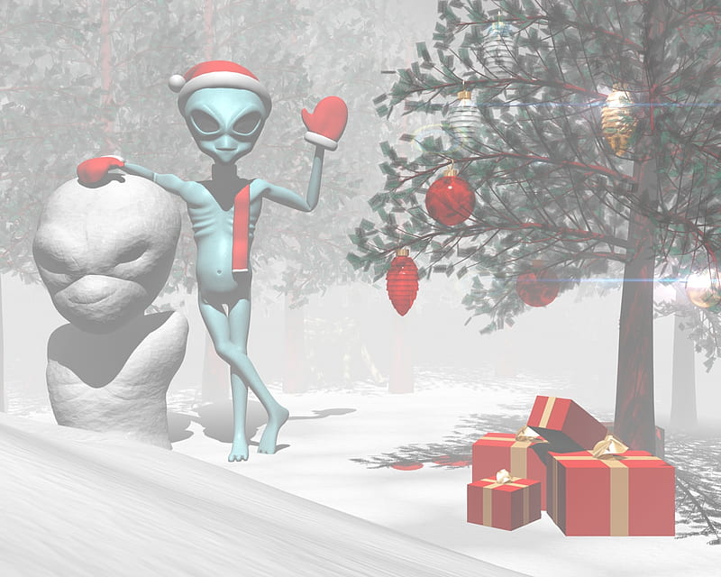 Christmas Alien, holidays, christmas, 3d and cg, graphics, xmas, happy, winter, cold, alien, HD wallpaper