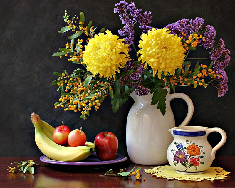 Still life, food, fruits, flowers, cup, banana, HD wallpaper