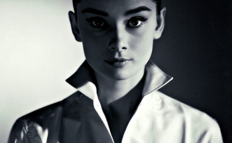 Audrey Hepburn, girl, actress, black, white, woman, blue, HD wallpaper