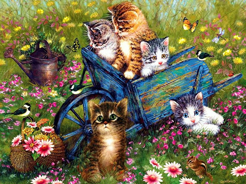 Playtime, painting, cart, flowers, blossoms, garden, kitties, artwork, HD wallpaper