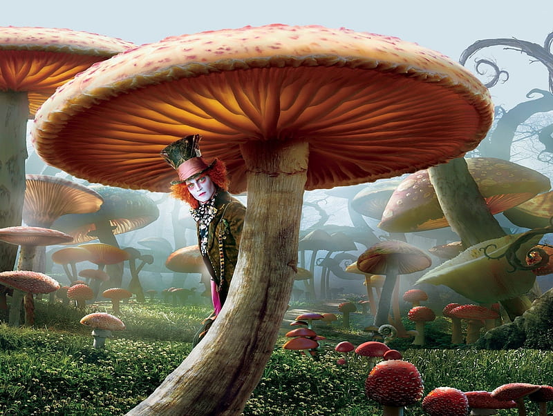 Alice in Wonderland (2010), movie, orange, mushroom, man, mad hatter, alice ...