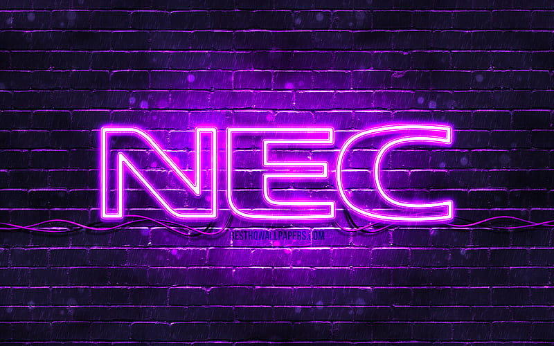 NEC violet logo violet brickwall, NEC logo, brands, NEC neon logo, NEC, HD wallpaper