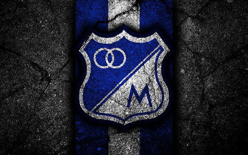 Millonarios FC logo, Colombian football club, black stone, Categoria Primera A, Millonarios, Colombia, football, Liga Aguila, asphalt texture, FC Millonarios, HD wallpaper