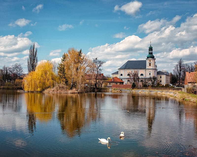 Churches, Church, Czech Republic, Pond, Swan, Village, HD wallpaper
