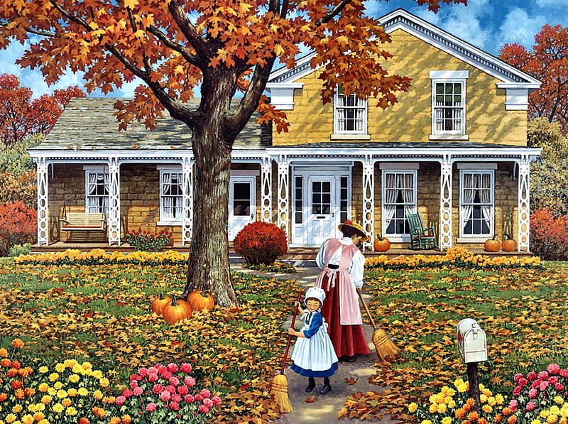 Mother's Helpers F1, architecture, art, raking, autumn, house, bonito, artwork, painting, wide screen, scenery, landscape, HD wallpaper
