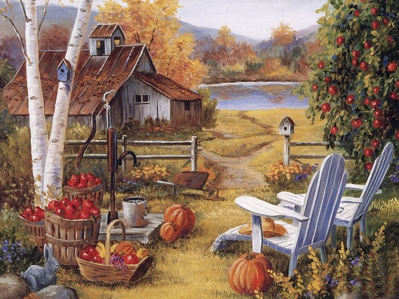 Golden harvest, colorful, house, harvest, bonito, barn, pumpkin, color, garden, nature, landscape, HD wallpaper