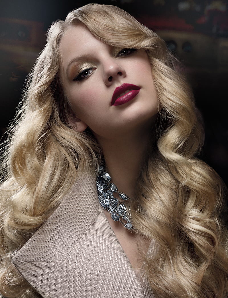 Taylor Swift, blonde, blue eyes, singer, long hair, lipstick, women, face, necklace, HD phone wallpaper