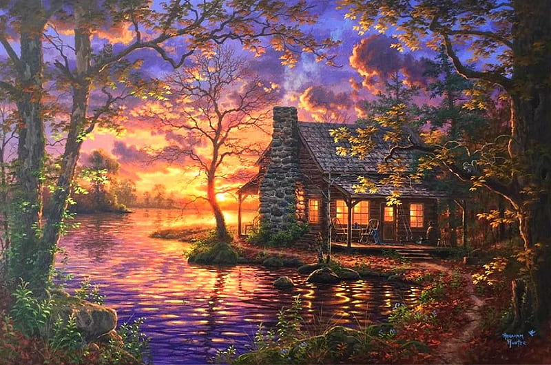 Hiding Places, lakes, fall season, autumn, love four seasons, attractions in dreams, paintings, sunsets, landscapes, nature, cabins, HD wallpaper
