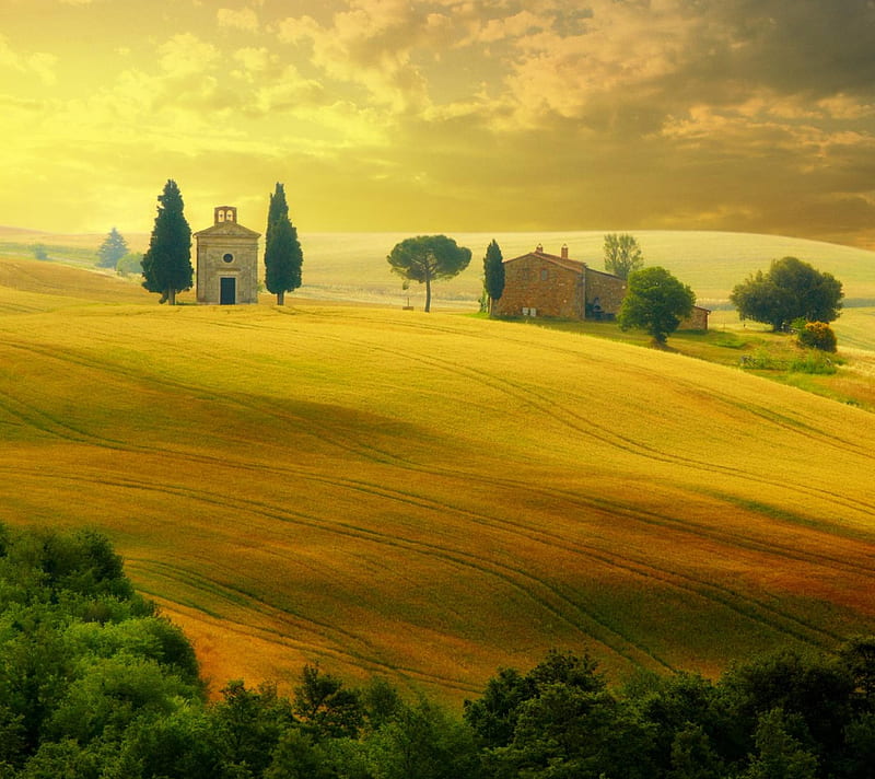 Tuscany, fields, italy, nature, sunrise, sunset, HD wallpaper