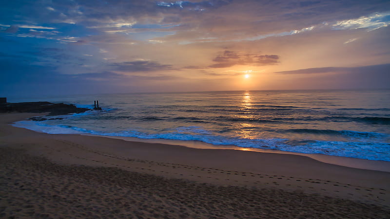 sunset, sea, beach, waves, dusk, evening, HD wallpaper