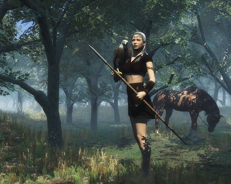Lady in Forest, forest, female, trees, horse, woman, brown horse, fantasy, hunting, bird, nature, weapon, lady, HD wallpaper