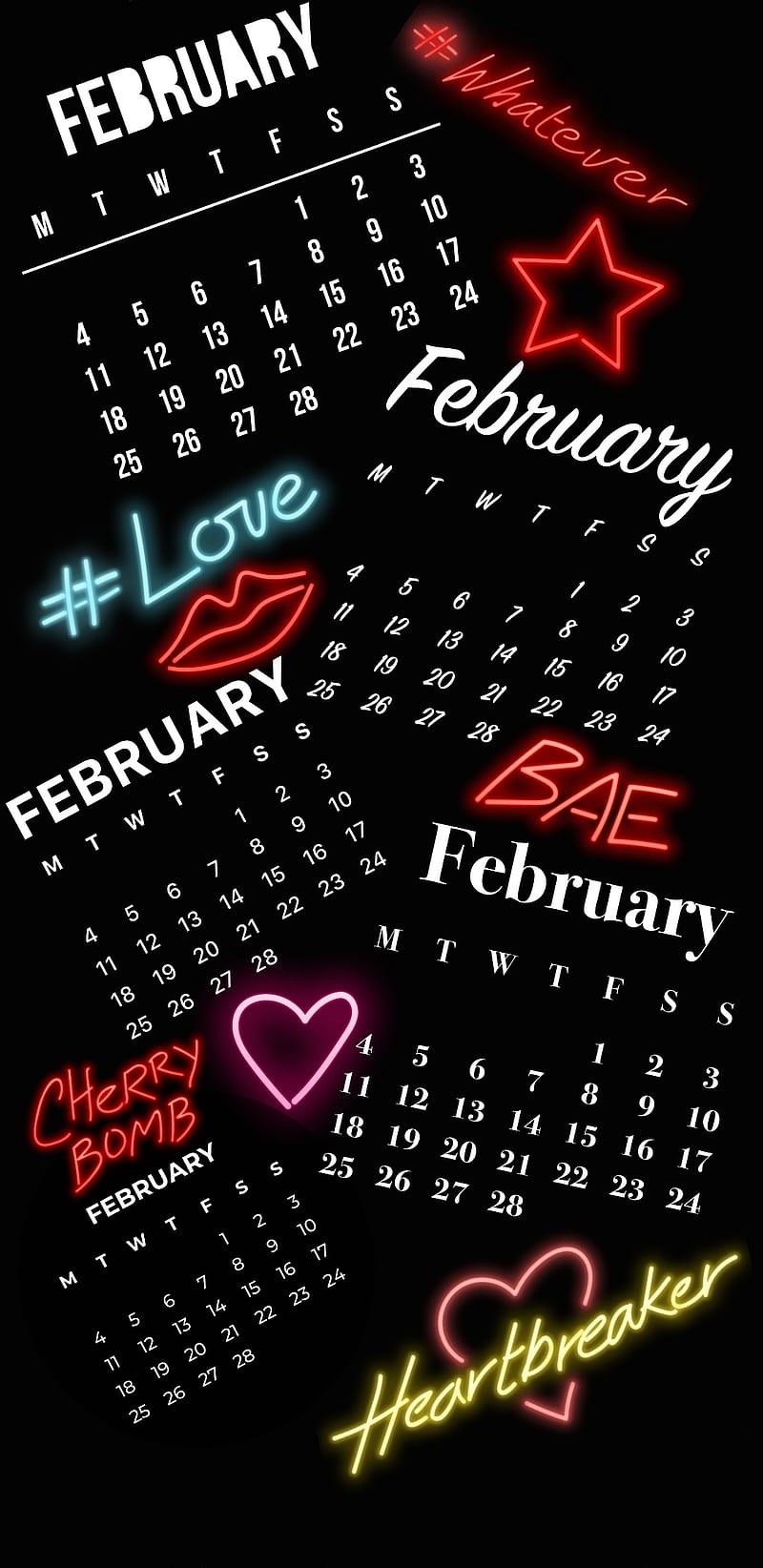 February 2019, feb, february, calendar, neon, falling, love, heartbreaker, pop, HD phone wallpaper