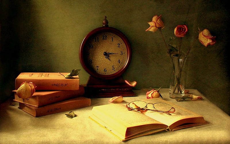 Time to relax, text, object, books, time, book, vase, clock, roses, old, flowers, petals, open, vintage, HD wallpaper