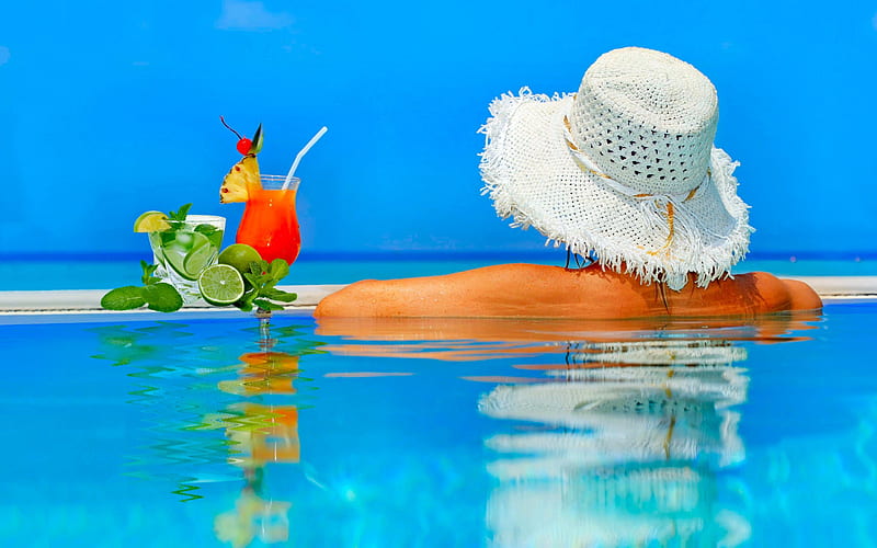 Summer, Reflection, Beautiful, Hat, Pool, Cocktail, Women, Mojito, HD wallpaper