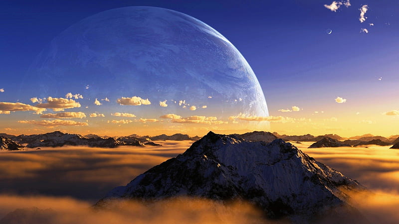 Top of the World, planets, foggy, high definition, space, unconquerable, clouds, fog, mountain, nice, fantasy, mounts, peaks, top, , smoky, sky, panorama, spatial, cool, purple, another world, mountains, awesome, violet, white, landscape, world beautiful, smoke, scenery, beije, blue, night, stars, amazing, high, magenta, universe, nature, HD wallpaper