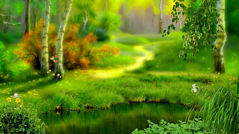 Frogs by the Pond, frogs, forest, woods, spring, pond, plants, flowers, path, Firefox Persona theme, HD wallpaper