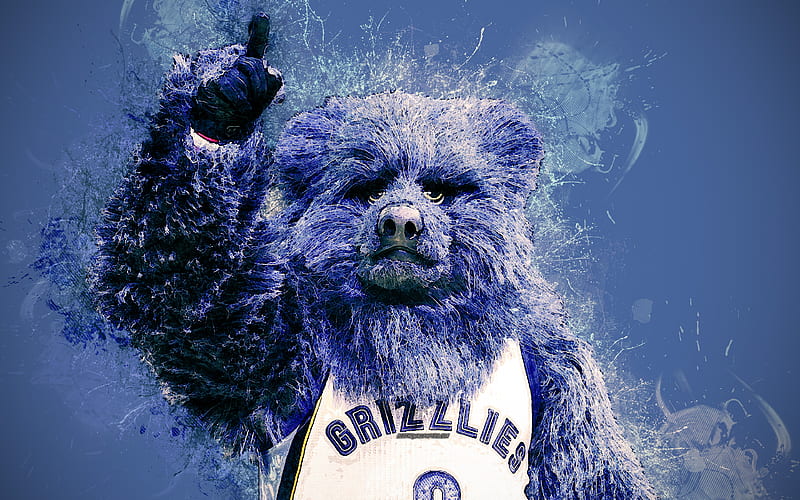 Grizz, official mascot, Memphis Grizzlies, portrait art, NBA, USA, grunge art, symbol, blue background, paint art, National Basketball Association, NBA mascots, Memphis Grizzlies mascot, basketball, HD wallpaper
