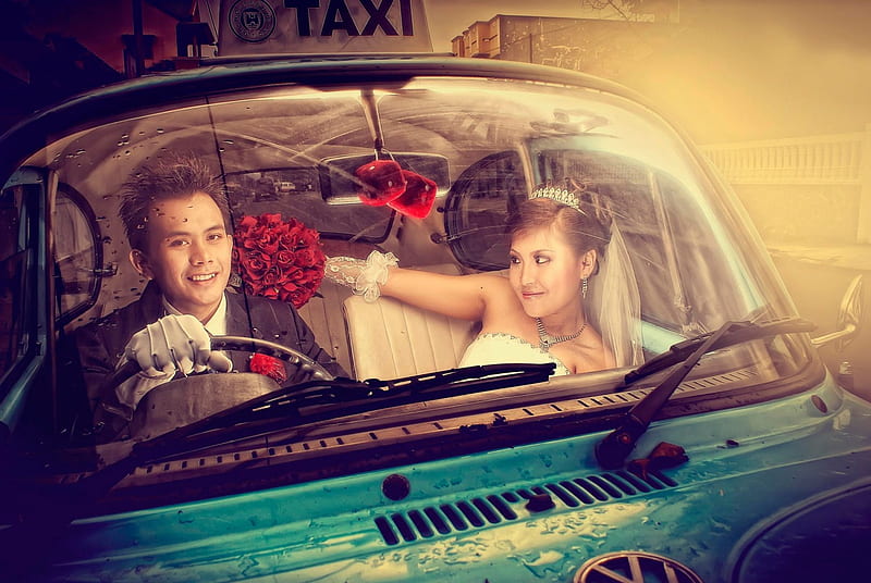 Just married, red, model, rose, bride, man, valentine, woman, girl, car, flower, couple, blue, HD wallpaper