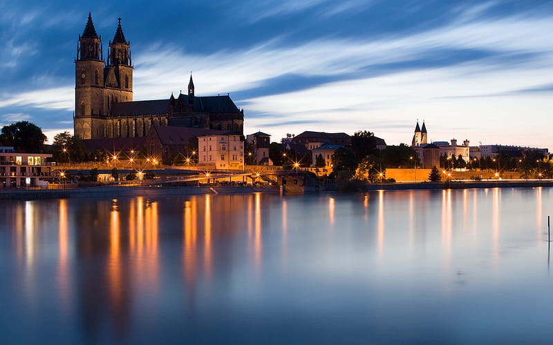 Magdeburg, evening, summer, embankment, german cities, Europe, Germany, Cities of Germany, Magdeburg Germany, cityscapes, HD wallpaper