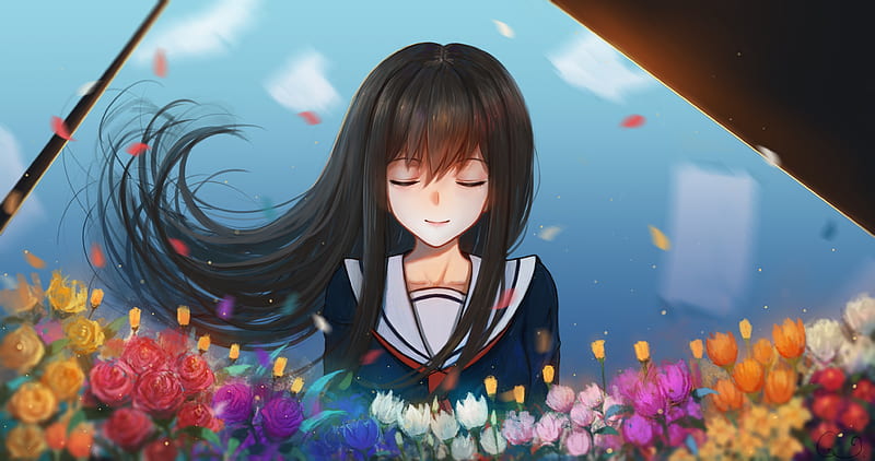 Anime Girl Sleeping Black Hair School Uniform White Flowers Anime
