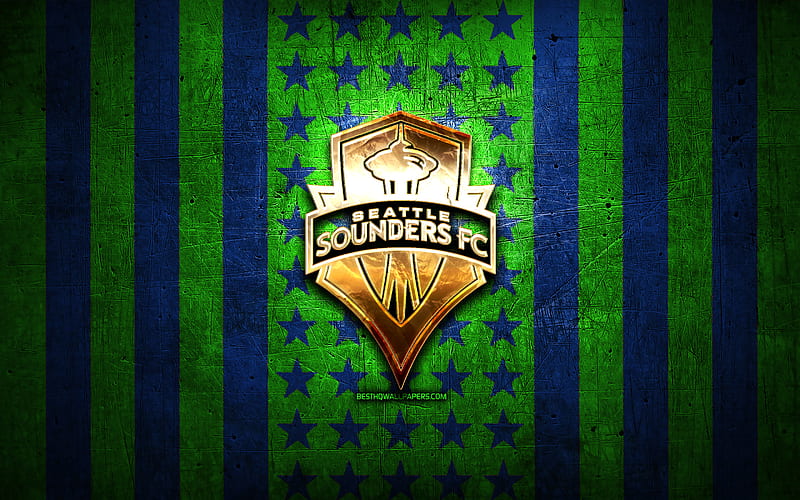 Seattle Sounders flag, MLS, green blue metal background, american soccer club, Seattle Sounders logo, USA, soccer, Seattle Sounders FC, golden logo, HD wallpaper