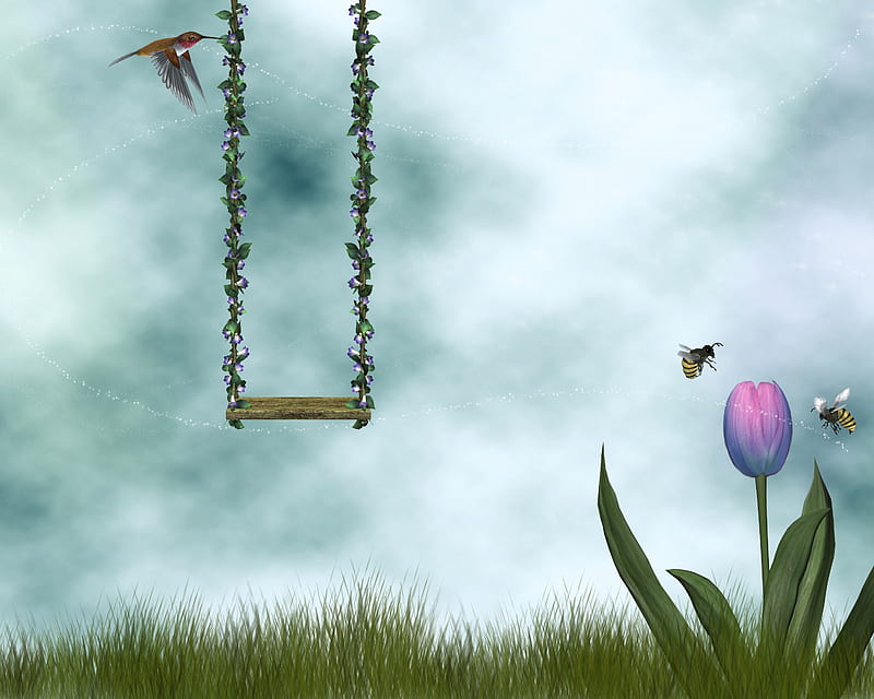 ✰Swinging in Spring✰, pretty, background, clouds, sweet, flutter, splendor, grasses, love, bright, flowers, resources, wings, lovely, cheerful, premade, sky, trees, cute, cool, swing, colorful, bonito, seasons, leaves, stock , tulip, animals, colors, spring, bee, bird, plants, summer, nature, HD wallpaper