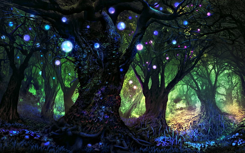 Forest whispers, art, ferdinand ladera, luminos, woods, black, lights, tree, fantasy, green, dark, magical, blue, HD wallpaper