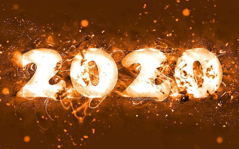 Happy New Year 2020 orange neon lights, abstract art, 2020 concepts, 2020 orange neon digits, 2020 on orange background, 2020 neon art, creative, 2020 year digits, HD wallpaper