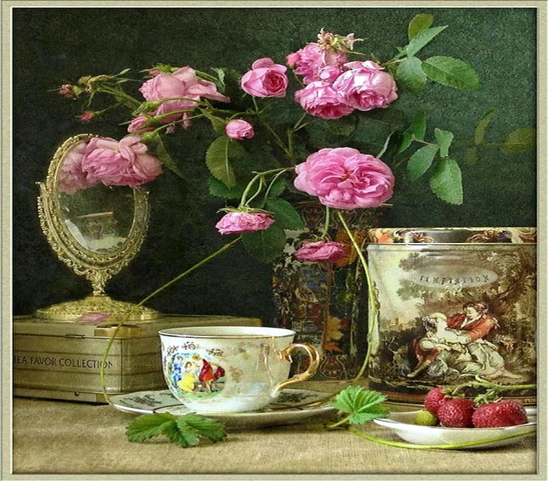 Still life, the vintage, strawberry, saucer, fruits, vase, box, old, tea, chinese old, flowers, beauty, mirror, pink, porcelain, roses, abstract, tea time, cup, chinese, HD wallpaper