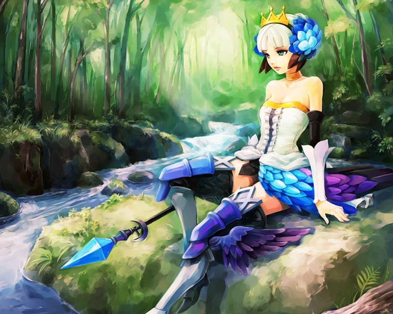 Gwendolyn, plant, woods, video game, game, anime, spear, feather, hot, river, forest, female, odin sphere, sexy, rpg, cute, tree, water, aime girl, warrior, Valkyrie, HD wallpaper