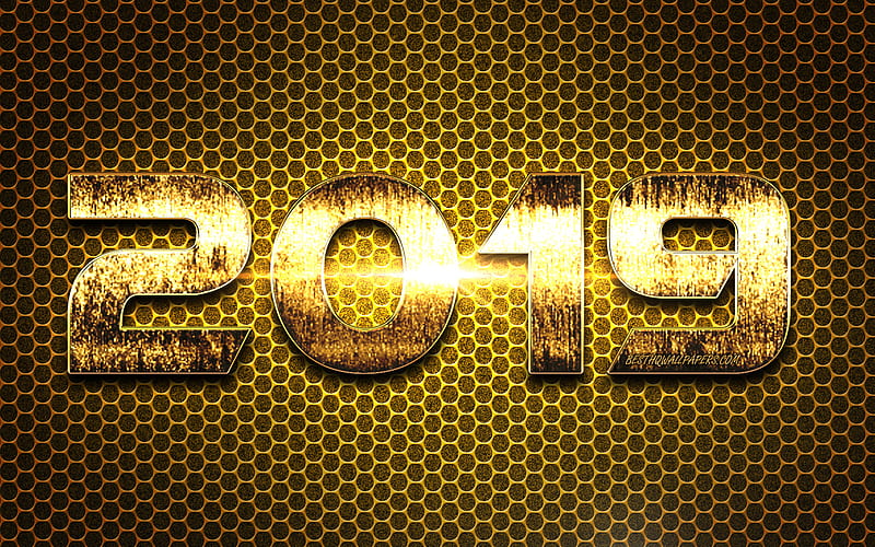 Golden Happy New Year 2019 year, gold digits, creative, 2019 concepts, metal grid background, 2019 year, artwork, Happy New Year 2019, 2019 year golden digits, HD wallpaper