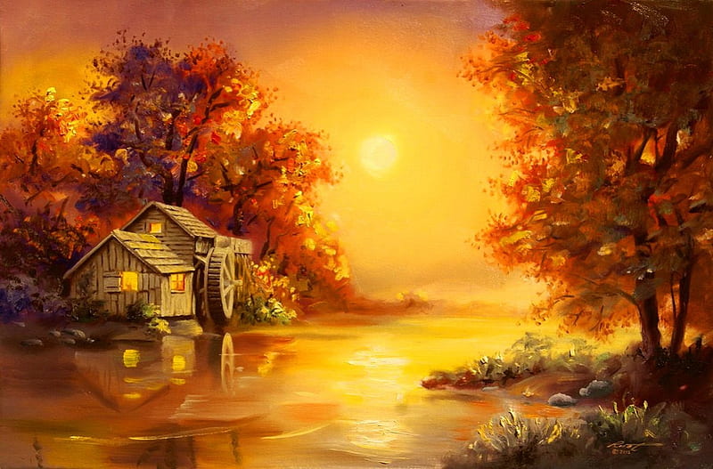 Watermill sunset, fall, autumn, house, glow, shore, sun, cottage, bonito, sunset, watermill, painting, reflection, art, lovely, trees, lake, rays, peaceful, nature, HD wallpaper
