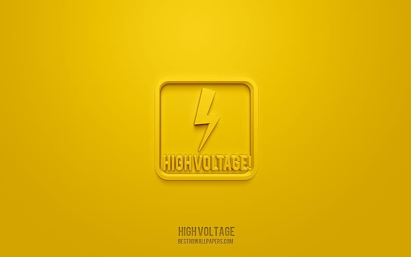 High voltage 3d icon, yellow background, 3d symbols, High voltage, Warning icons, 3d icons, High voltage sign, Warning 3d icons, yellow warning signs, HD wallpaper