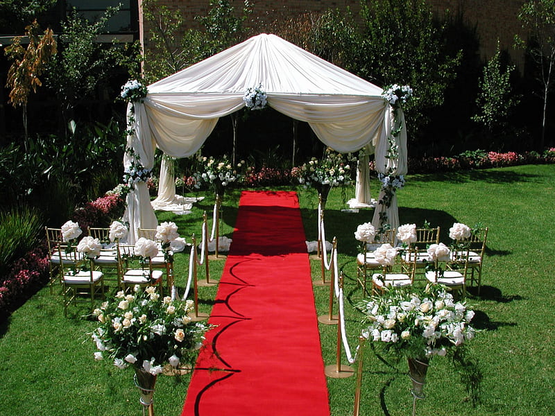 Outdoor Wedding Inspiration, decoration, flowers, lawn, carpet, gazebo, HD wallpaper