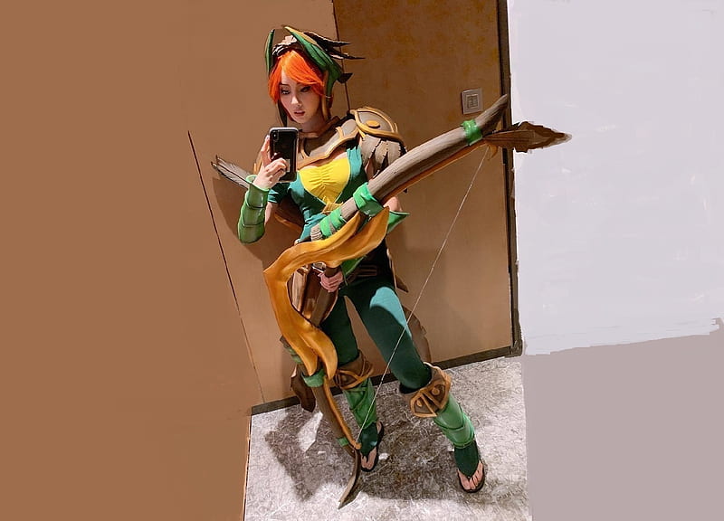 Alodia Gosiengfiao Cosplayer, helmet, boots, green costume, tablet, red hair, bow, woman warrior, armour, HD wallpaper
