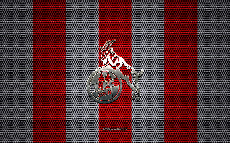 FC Koln logo, English football club, metal emblem, красно белый metal mesh background, FC Koln, Bundesliga, Cologne, Germany, football, HD wallpaper