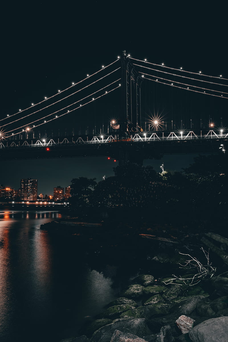 bridge, night city, city lights, architecture, illumination, HD phone wallpaper