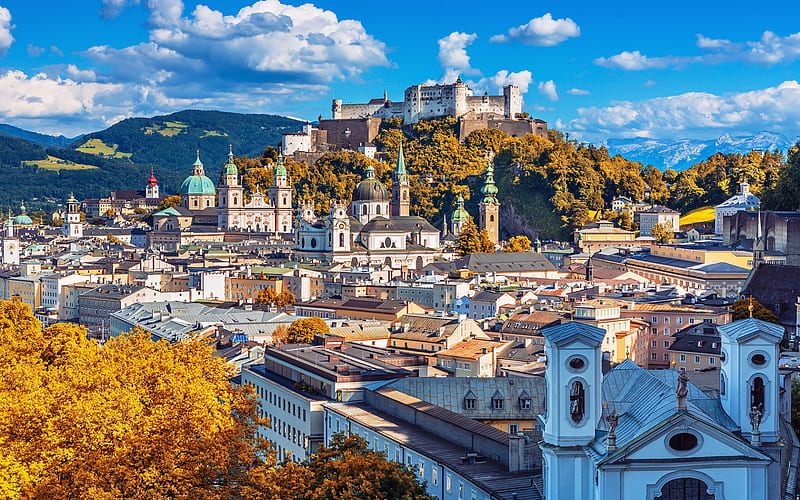 Hohensalzburg Fortress, Festungsberg, Salzburg, High Salzburg Fortress, cityscape, autumn, Salzburg panorama, landmark, fortress, Austria, HD wallpaper