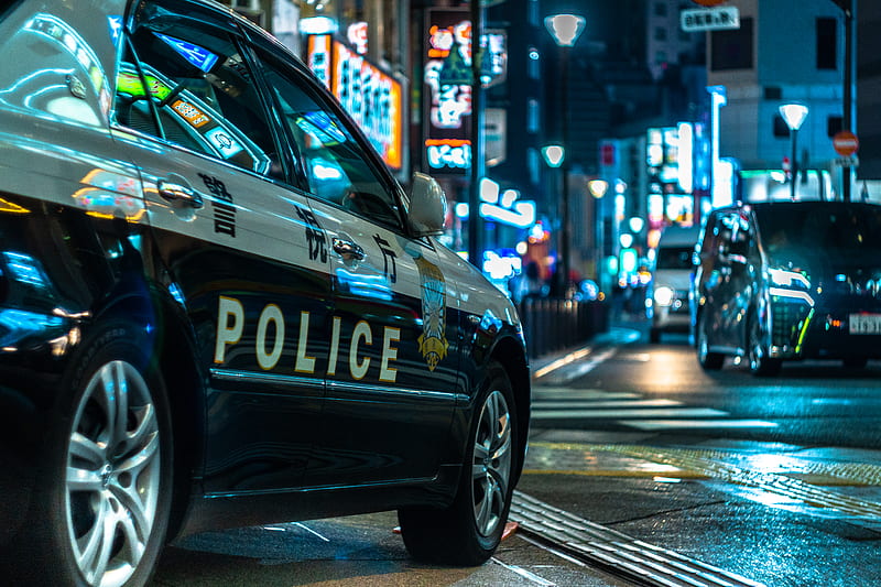 blue and white police car on road during night time, HD wallpaper
