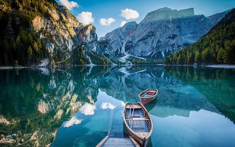 Lago Di Braies, Italy, alps, mountains, boats, south tyrol, sky, reflections, HD wallpaper
