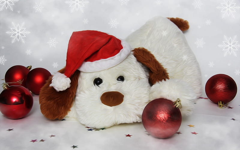 white dog, Christmas, New Year, Santa Claus hat, puppy, plush toy, HD wallpaper