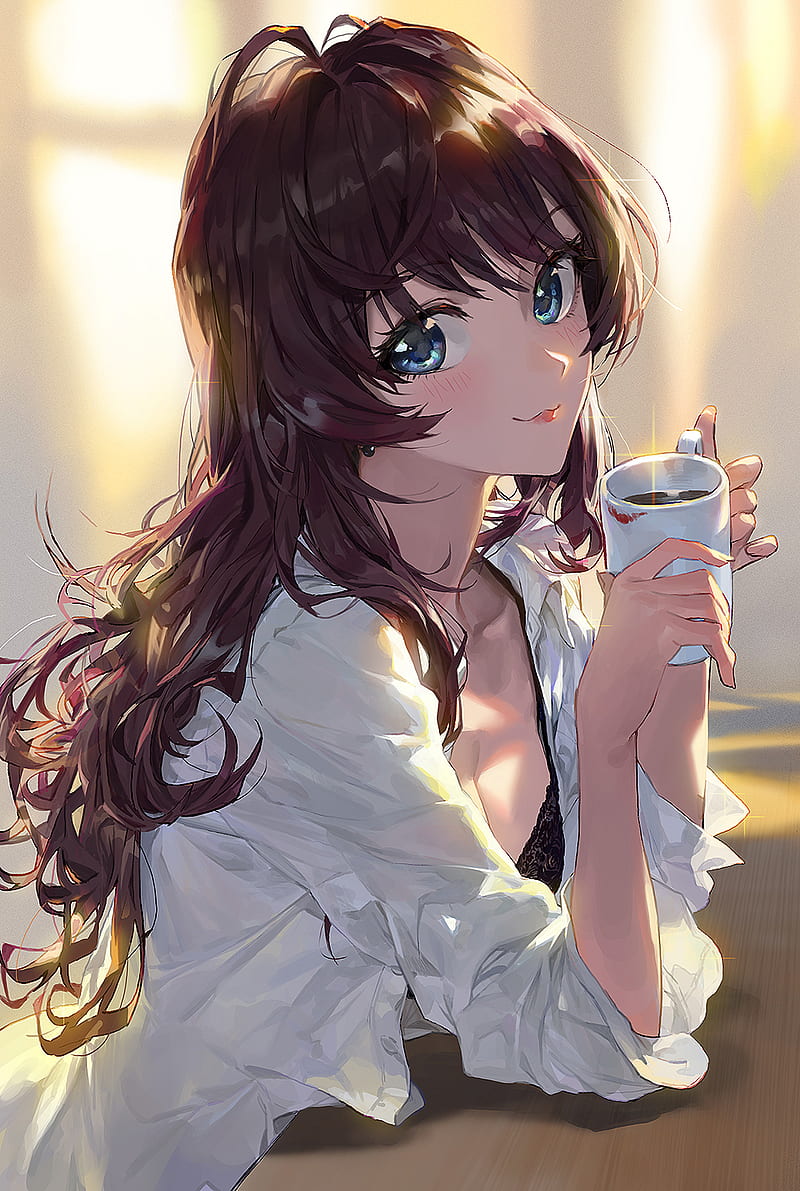 Anime, anime girls, cup, blue eyes, long hair, brunette, Mossi (artist),  Ichinose Shiki, HD phone wallpaper | Peakpx